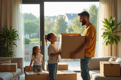Famille heureuse déballant des cartons dans un salon lumineux