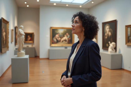 Femme d'âge moyen dans une galerie d'art contemporaine