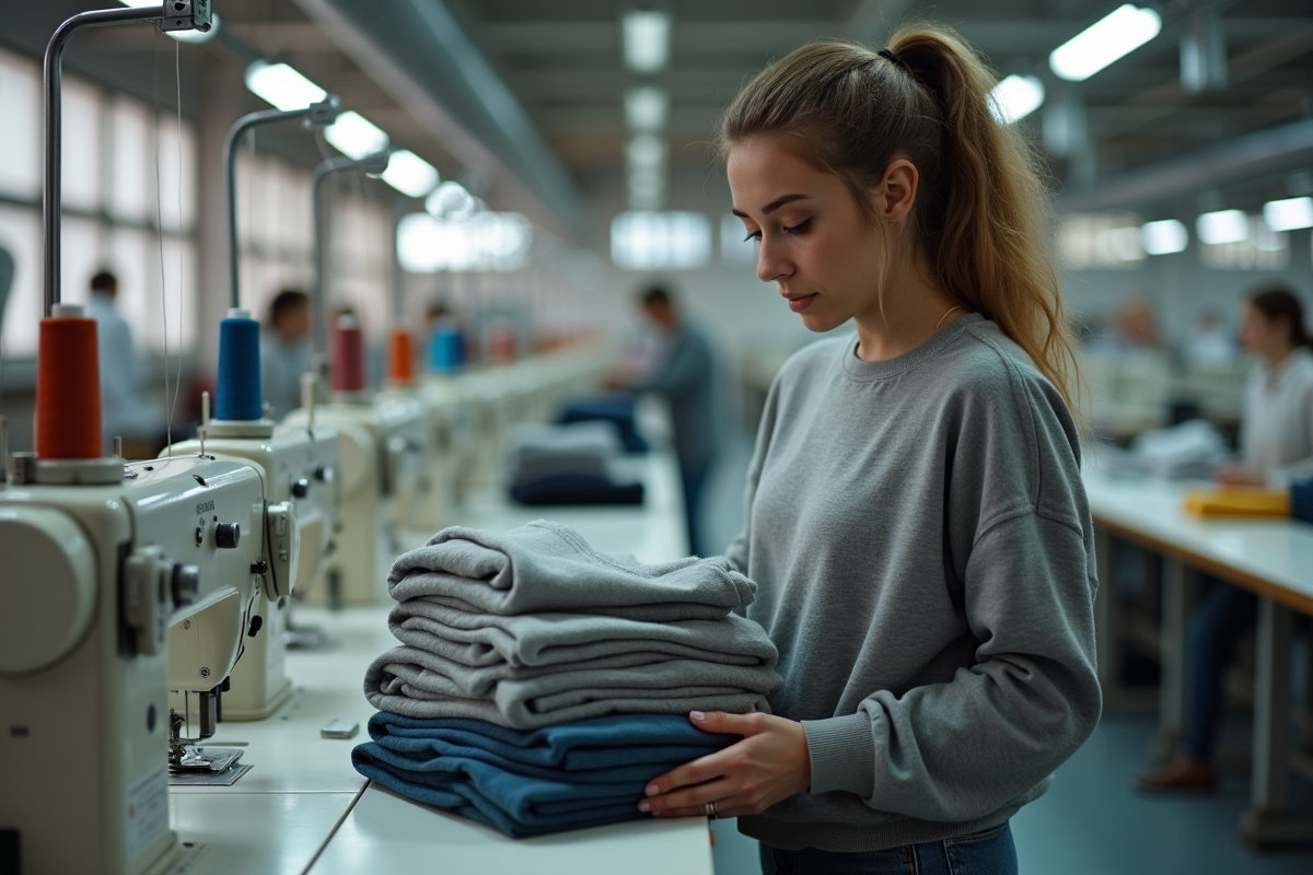 Femme inspectant des sweatshirts dans un atelier textile