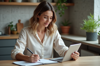 Femme en cuisine moderne vérifiant son budget mensuel