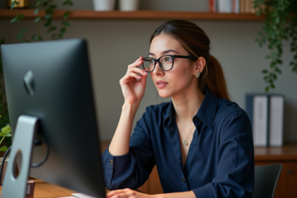 Jeune femme au bureau moderne en pleine concentration