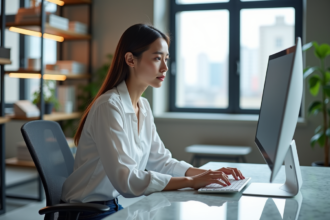 Jeune femme au bureau avec ordinateur futuriste et clavier français