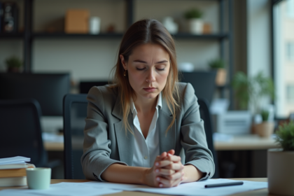 Femme d'âge moyen au bureau stressé et fatigué