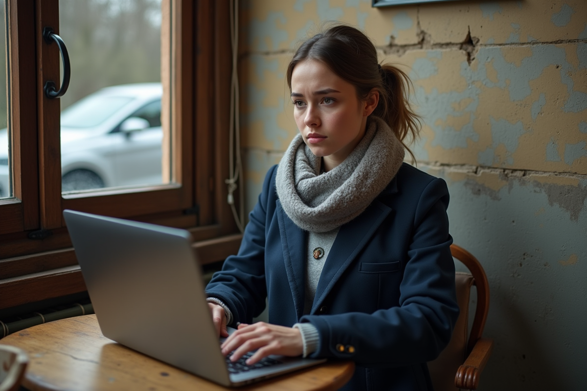 Jeune femme dans un café rural tentant de se connecter à internet