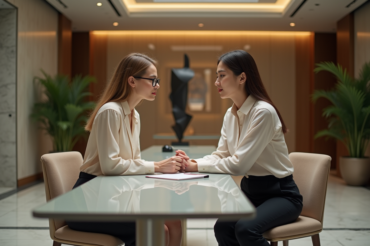 Femme consultante avec conseiller financier dans banque luxueuse