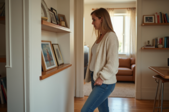 Femme d'âge moyen dans un salon chaleureux et lumineux