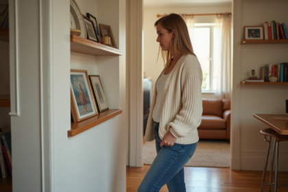 Femme d'âge moyen dans un salon chaleureux et lumineux
