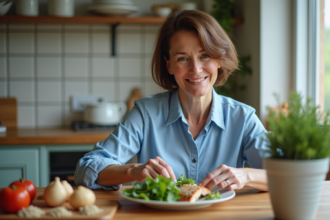 Femme souriante préparant un poisson grillé dans la cuisine
