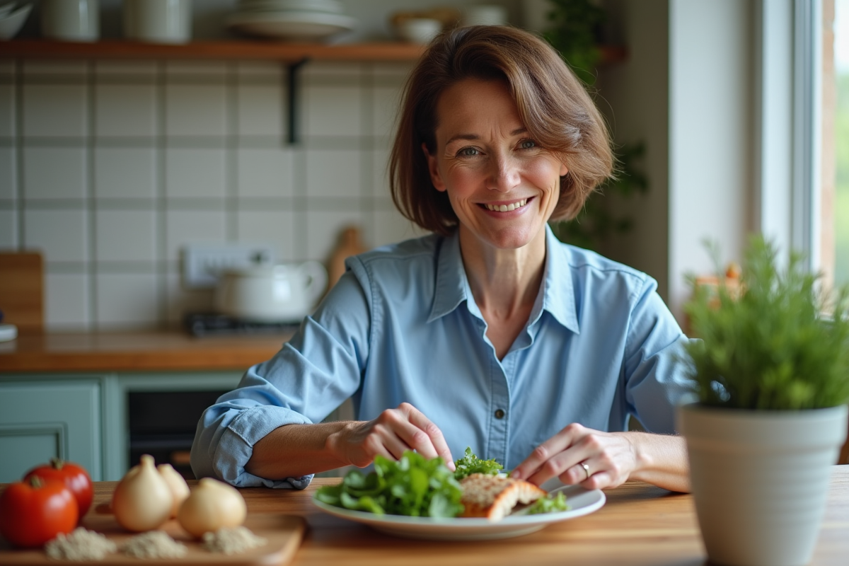 Femme souriante préparant un poisson grillé dans la cuisine