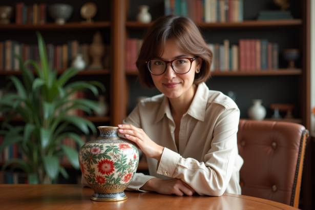 Femme regardant un vase en enamel Longwy dans un bureau chaleureux