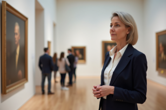 Femme observant une peinture dans une galerie d'art contemporain