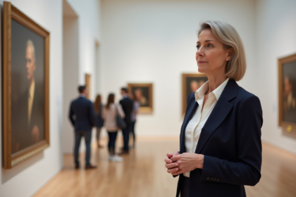 Femme observant une peinture dans une galerie d'art contemporain