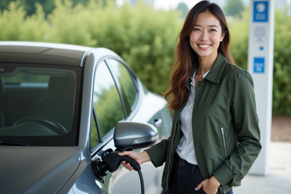 Jeune femme souriante à côté d'une voiture à hydrogène moderne