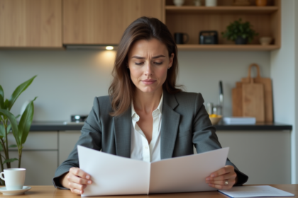 Femme d affaires examinant des brochures immobilières dans sa cuisine