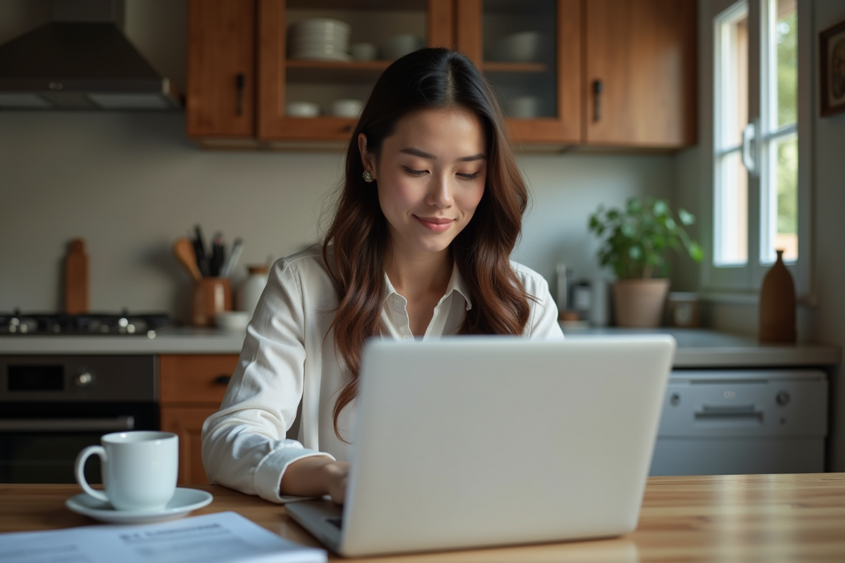 Jeune femme vérifie ses revenus SCPI sur son ordinateur