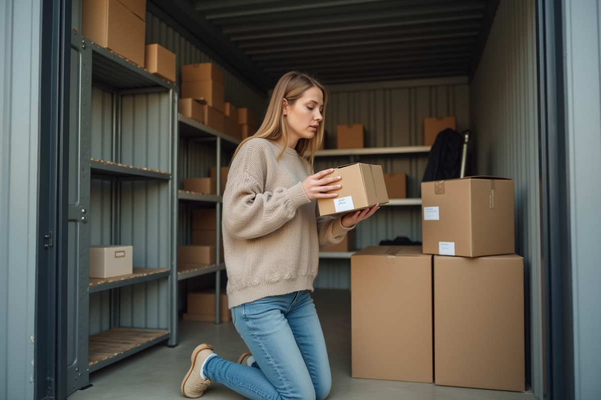 Femme organisant des cartons dans un espace de stockage intérieur