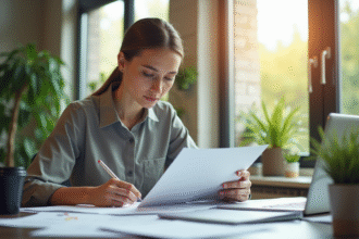 Femme professionnelle organisant des papiers sur un bureau lumineux