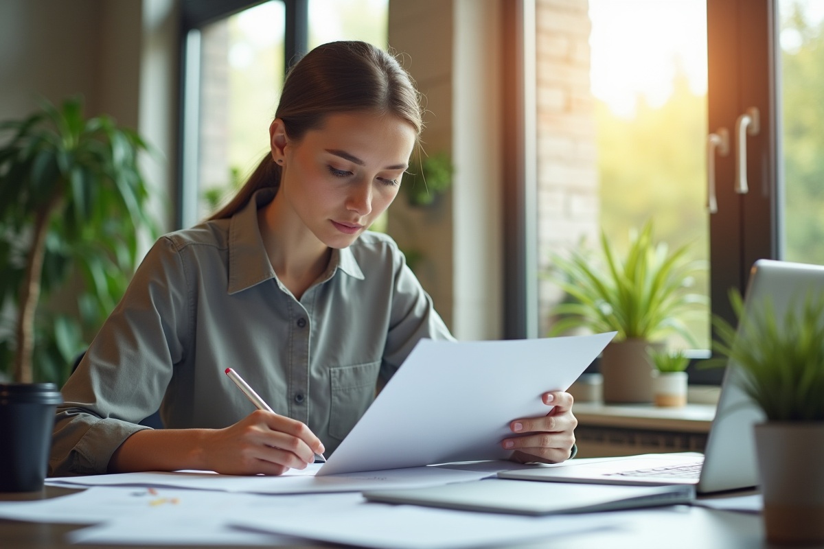 Femme professionnelle organisant des papiers sur un bureau lumineux