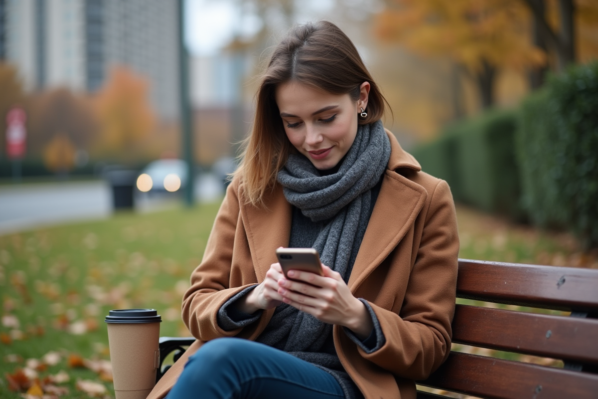 Jeune femme utilisant son smartphone dans un parc en automne
