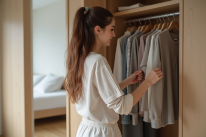 Femme en pyjamas coton dans une chambre minimaliste