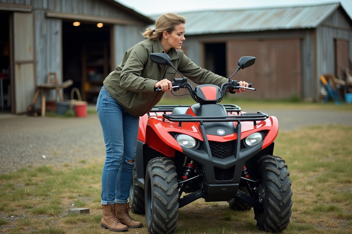 Femme ajustant le miroir d’un quad en campagne