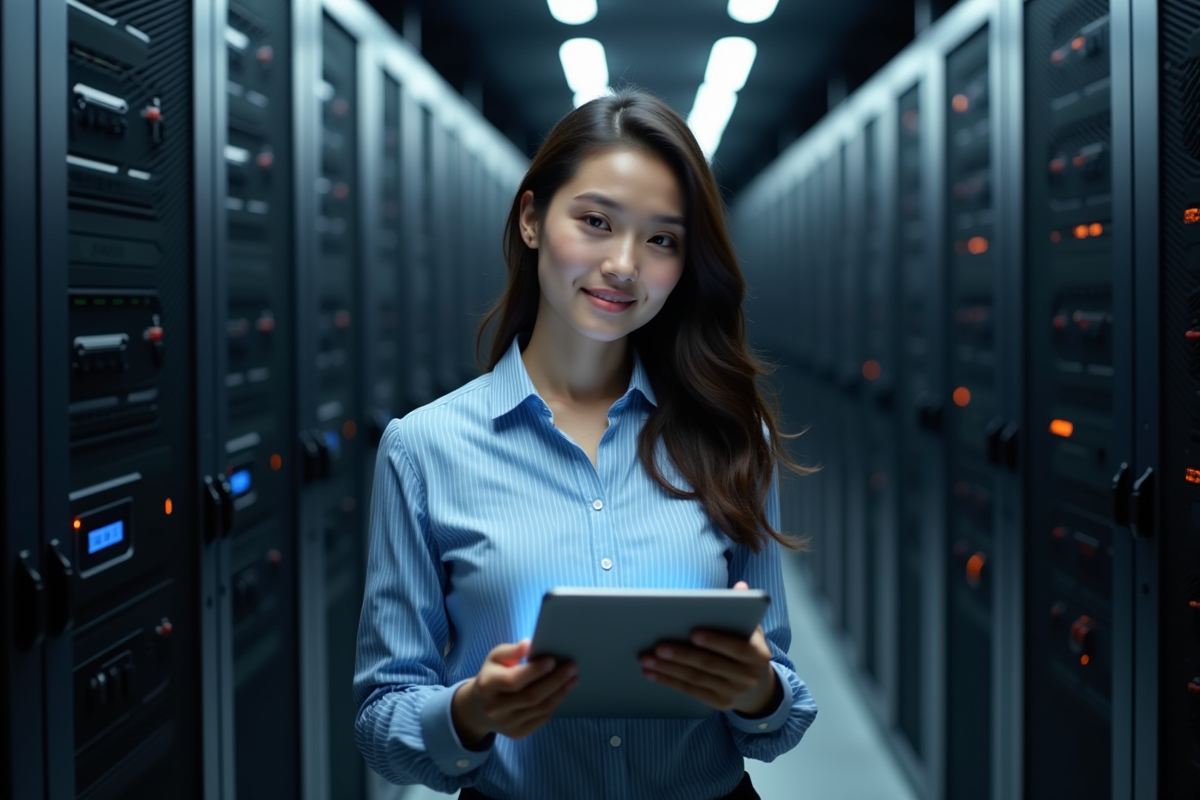 Femme en IT avec tablette dans salle serveurs blockchain