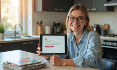 Femme souriante utilisant une tablette pour annuler un abonnement