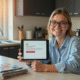 Femme souriante utilisant une tablette pour annuler un abonnement