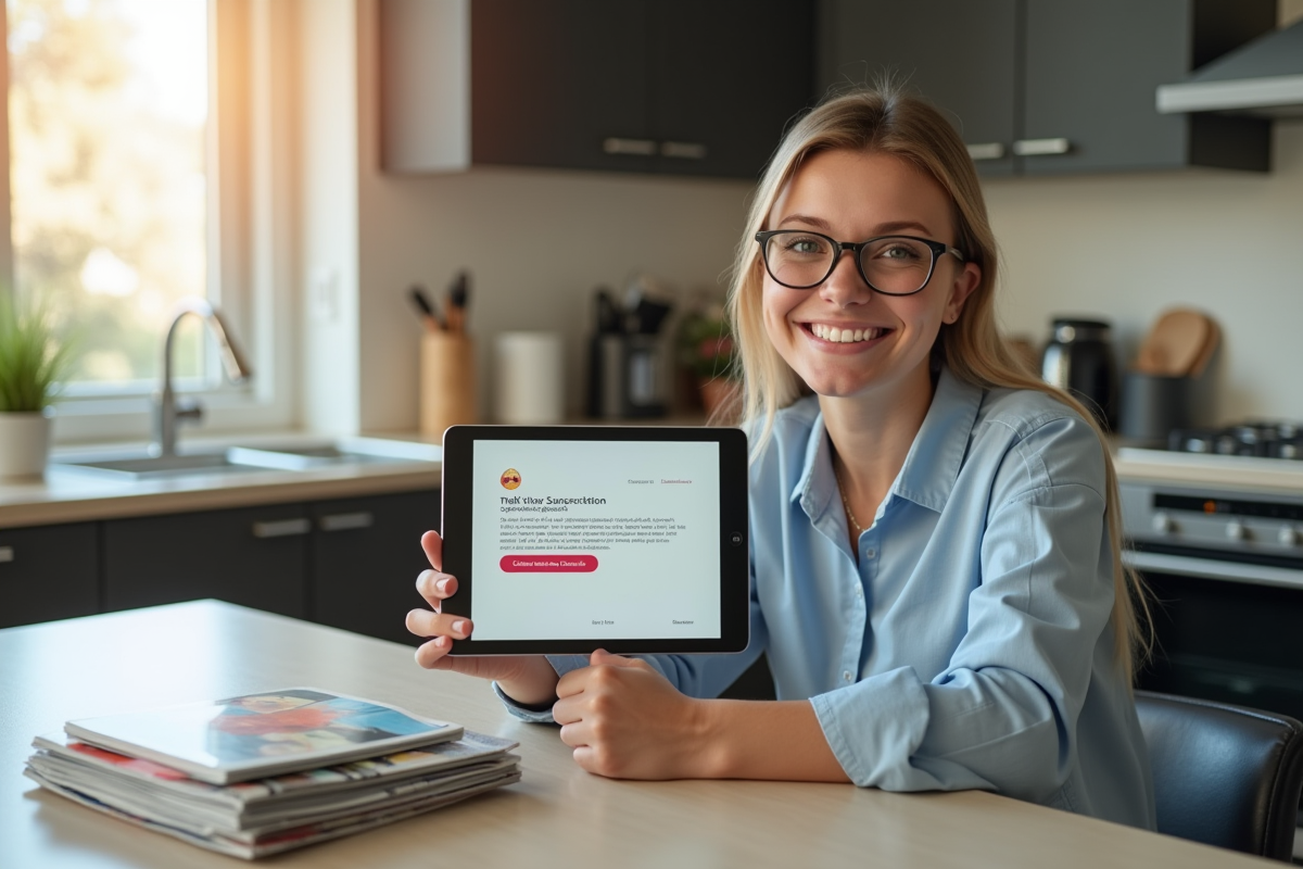 Femme souriante utilisant une tablette pour annuler un abonnement