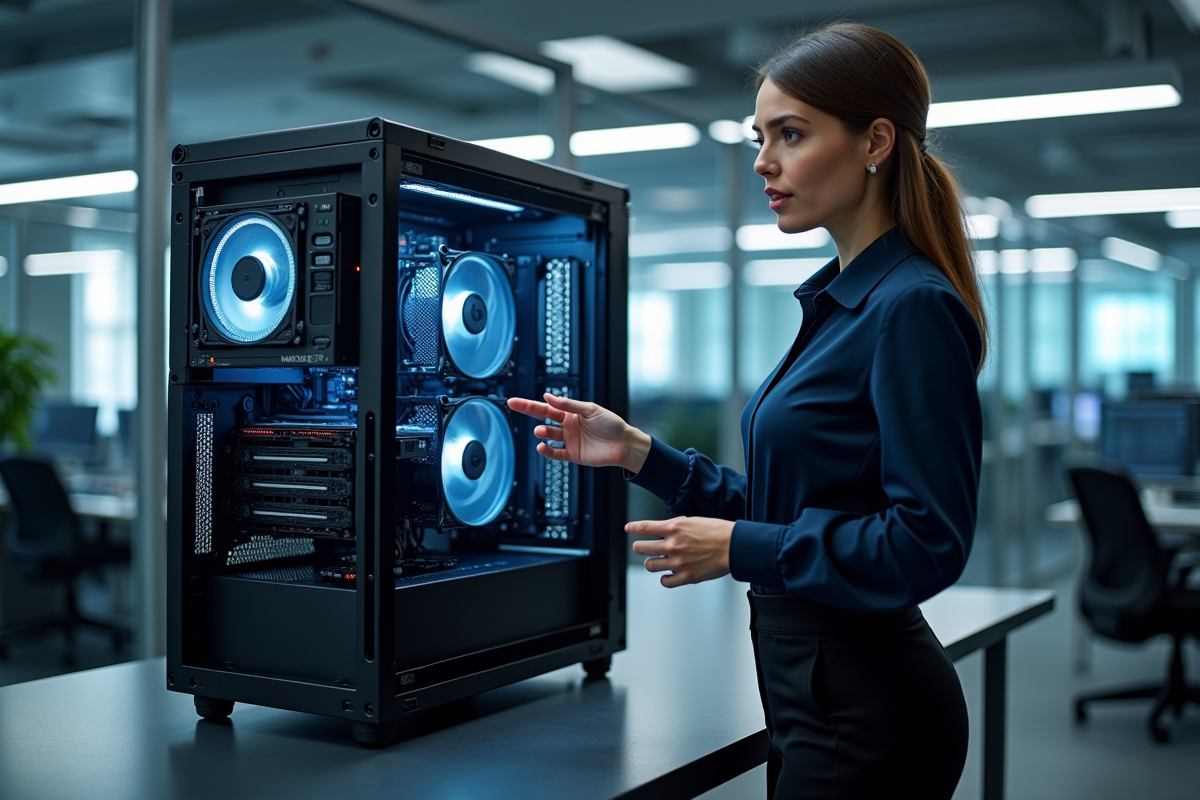 Femme professionnelle expliquant le matériel informatique dans un environnement hightech