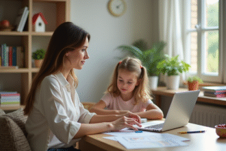 Femme au bureau avec enfant dessinant à côté