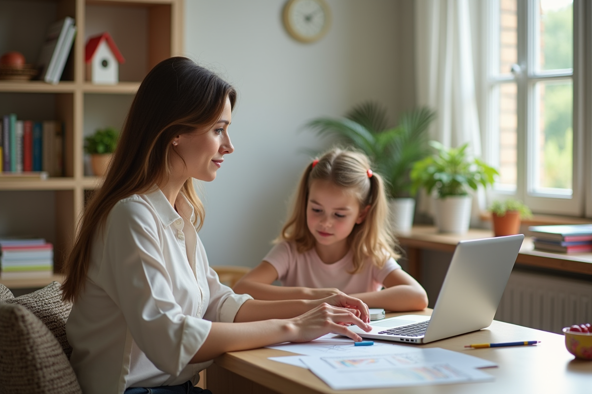Femme au bureau avec enfant dessinant à côté