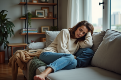 Femme fatiguée sur un canapé après voyage