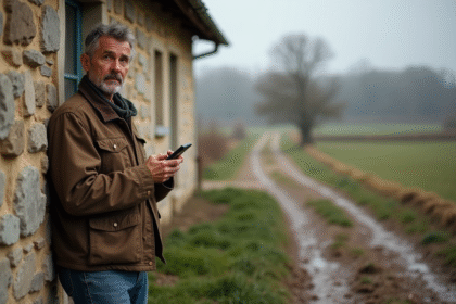 Paysage rural avec fermier français essayant de capter le signal
