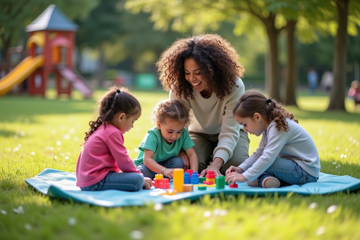 Jeune femme aidant enfants à construire avec des blocs dans un parc