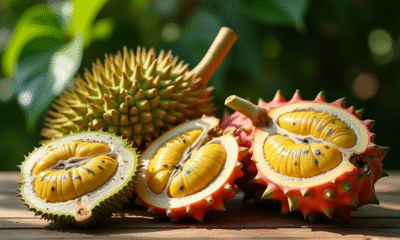 Groupe de fruits exotiques rares dont durian dragon et dabai sur table