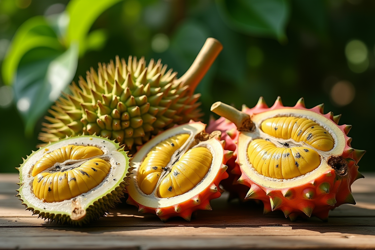 Groupe de fruits exotiques rares dont durian dragon et dabai sur table