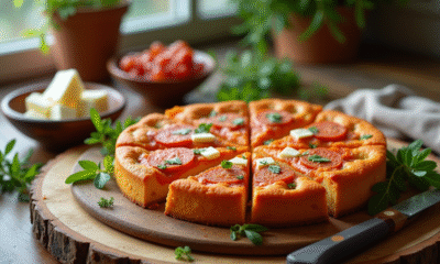 Gâteau salé tranché avec chorizo et feta sur une planche en bois