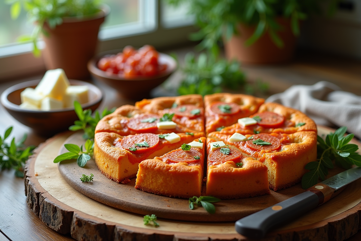 Gâteau salé tranché avec chorizo et feta sur une planche en bois