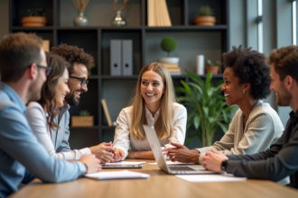 Groupe de cinq adultes en réunion de travail en bureau