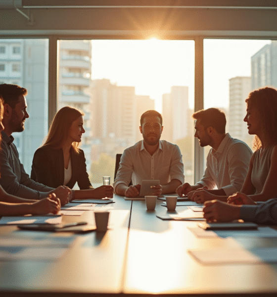 Groupe de professionnels collaborant dans un bureau lumineux