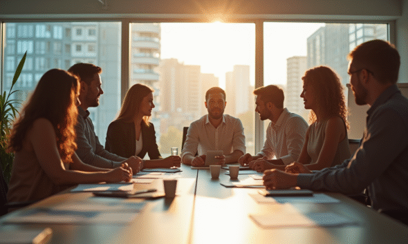 Groupe de professionnels collaborant dans un bureau lumineux