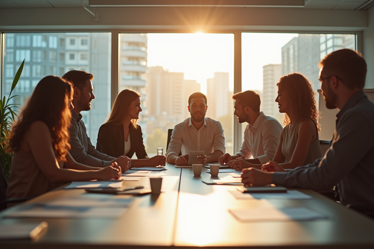 Groupe de professionnels collaborant dans un bureau lumineux