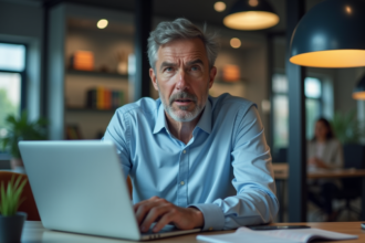 Homme d'affaires préoccupé regardant son ordinateur