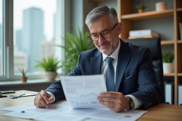 Homme d'affaires en costume lit un rapport financier