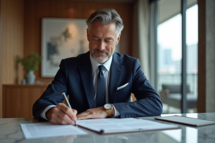 Homme d'affaires en costume navy dans un bureau moderne