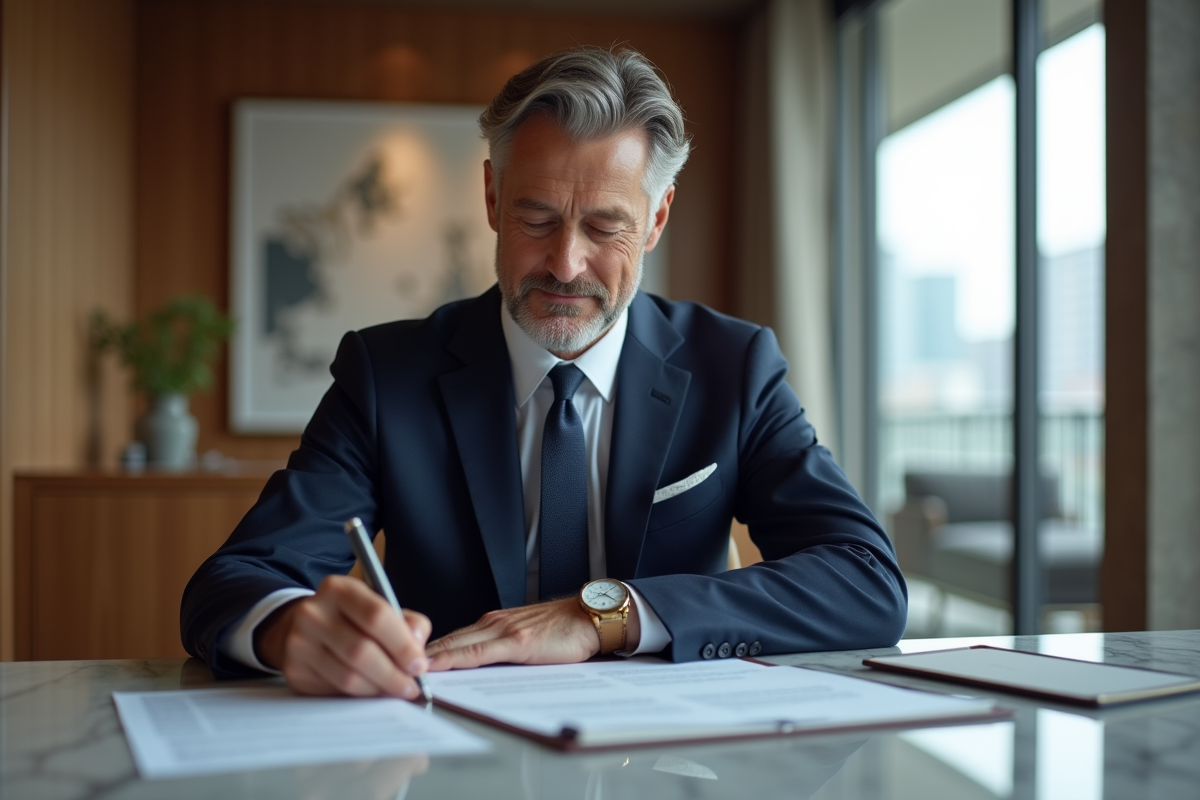 Homme d'affaires en costume navy dans un bureau moderne