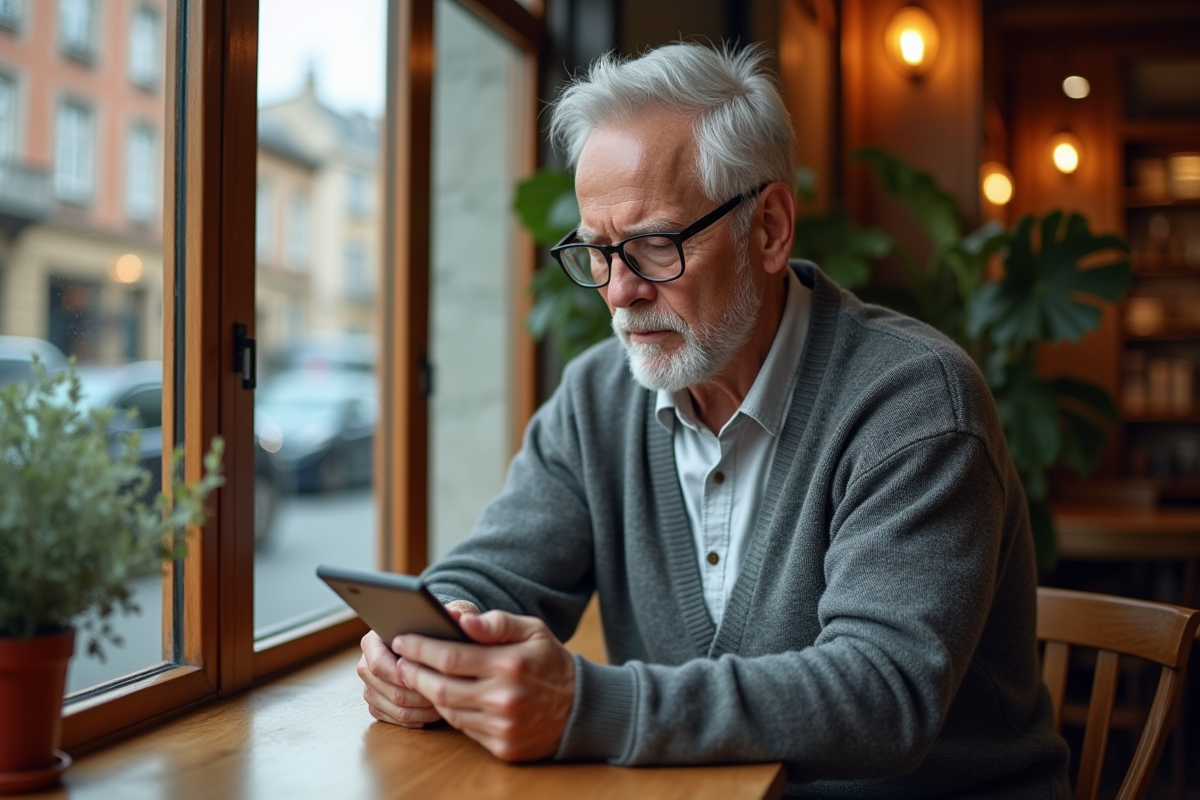 Homme âgé lisant dans un café chaleureux