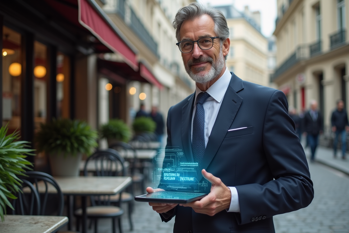 Homme d age moyen avec tablette holographique dans un café parisien