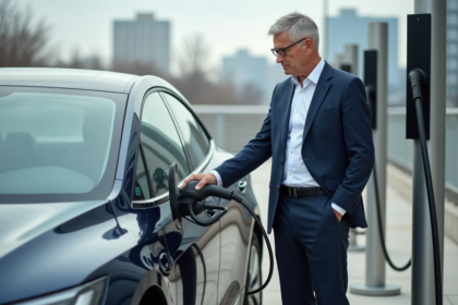 Homme d'âge moyen chargeant sa voiture électrique en ville